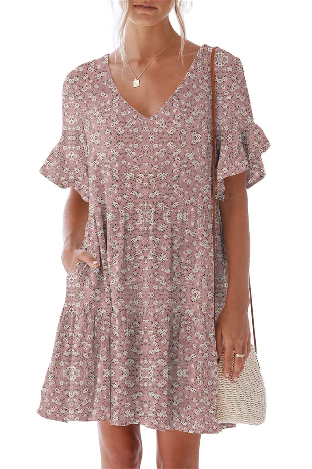 Nclook Women's Summer Casual Dress - Sweet & Cute V-Neck Mini Dress with Pockets, Short Sleeve Ruffles | Perfect for Beach Vacation, Date Night and Summer Outings