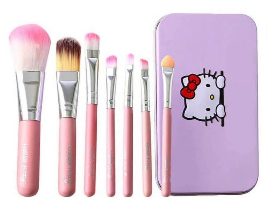 Premium Hello Kitty Makeup Brushes Set - 7-Piece Soft Bristle Brush Kit for Foundation, Powder, Blush, Eyeshadow, Eyeliner & Lip | Includes Storage Box & Blender Puff | Perfect for Professional Makeup & Travel Beauty Essentials