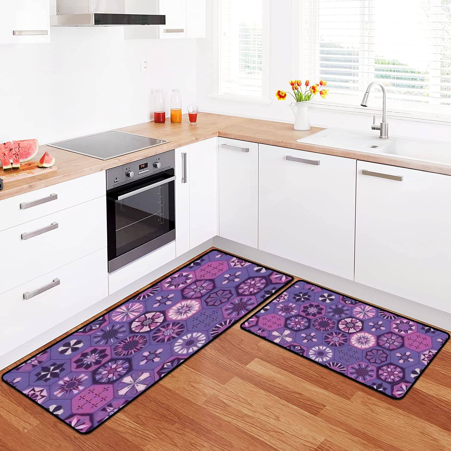 Retro Style Hexagonal Tile Kitchen Rugs Set - Non-Slip Washable Seamless Geometric Floor Mat, Kitchen Runner & Doormat - Perfect for Comfort Standing, Bathroom Decor & Home Kitchen Safety (3-Piece Set)