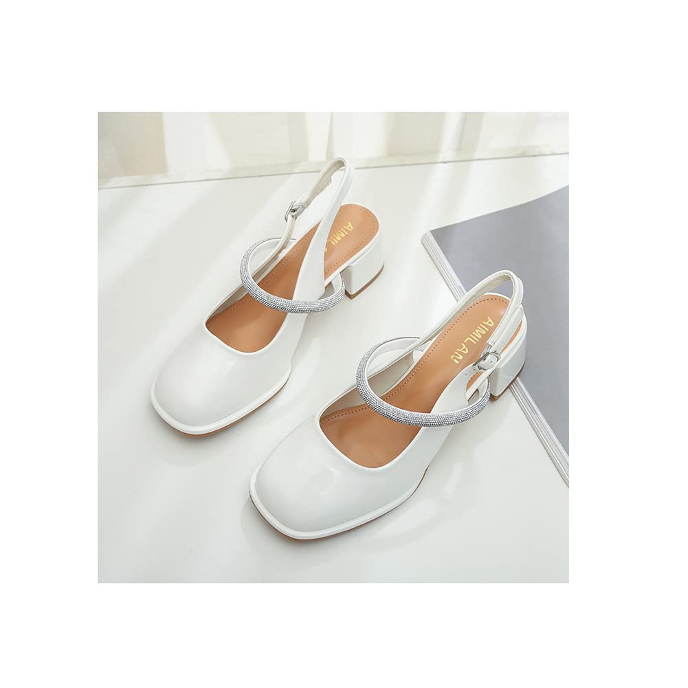 PYAIXF Women's Open Toe Ankle Strap High Heel Sandals - Chunky Block Heels, Transparent Straps, Dressy Party Shoes for Women - White (Size 42 EU) | Perfect for Weddings, Prom, Cocktail Parties & Evening Events