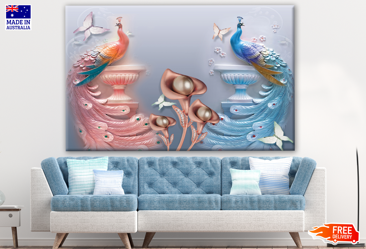 3D Peacocks & Flowers Illustration Print - 100% Australian Made - Perfect for Home Decor, Wall Art & Gift Giving
