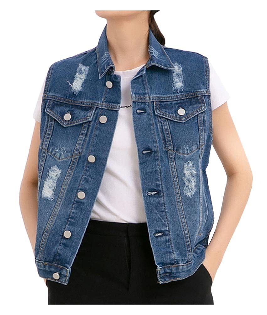 Kedera Women's Blue Denim Vest Plus Size - Distressed Sleeveless Jean Waistcoat Jacket for Girls | Casual Outfit, Layering Piece, Streetwear Fashion