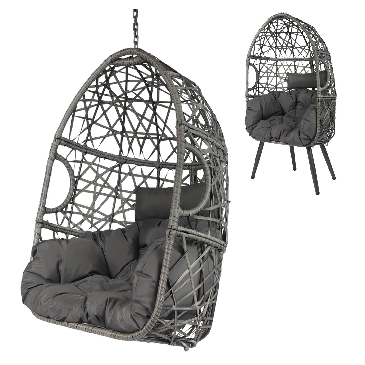 LAZZO Swing Egg Chair - Rattan Hanging Chair with Cushion & Pillow for Indoor Outdoor Use - Perfect for Patio, Porch, Lounge, Bedroom & Backyard Relaxation (Stand Sold Separately)