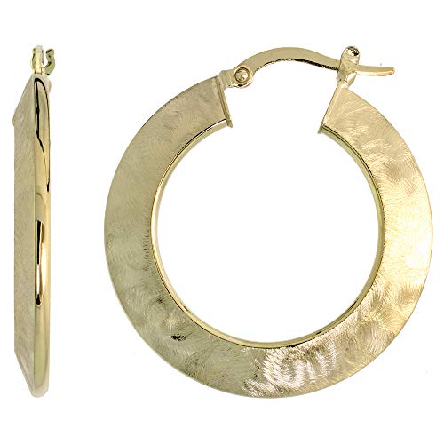 10K Yellow Gold Flat Hoop Earrings - Abstract Brush Finish Italian Jewelry (20-30mm) - Perfect for Everyday Wear, Date Nights & Special Occasions