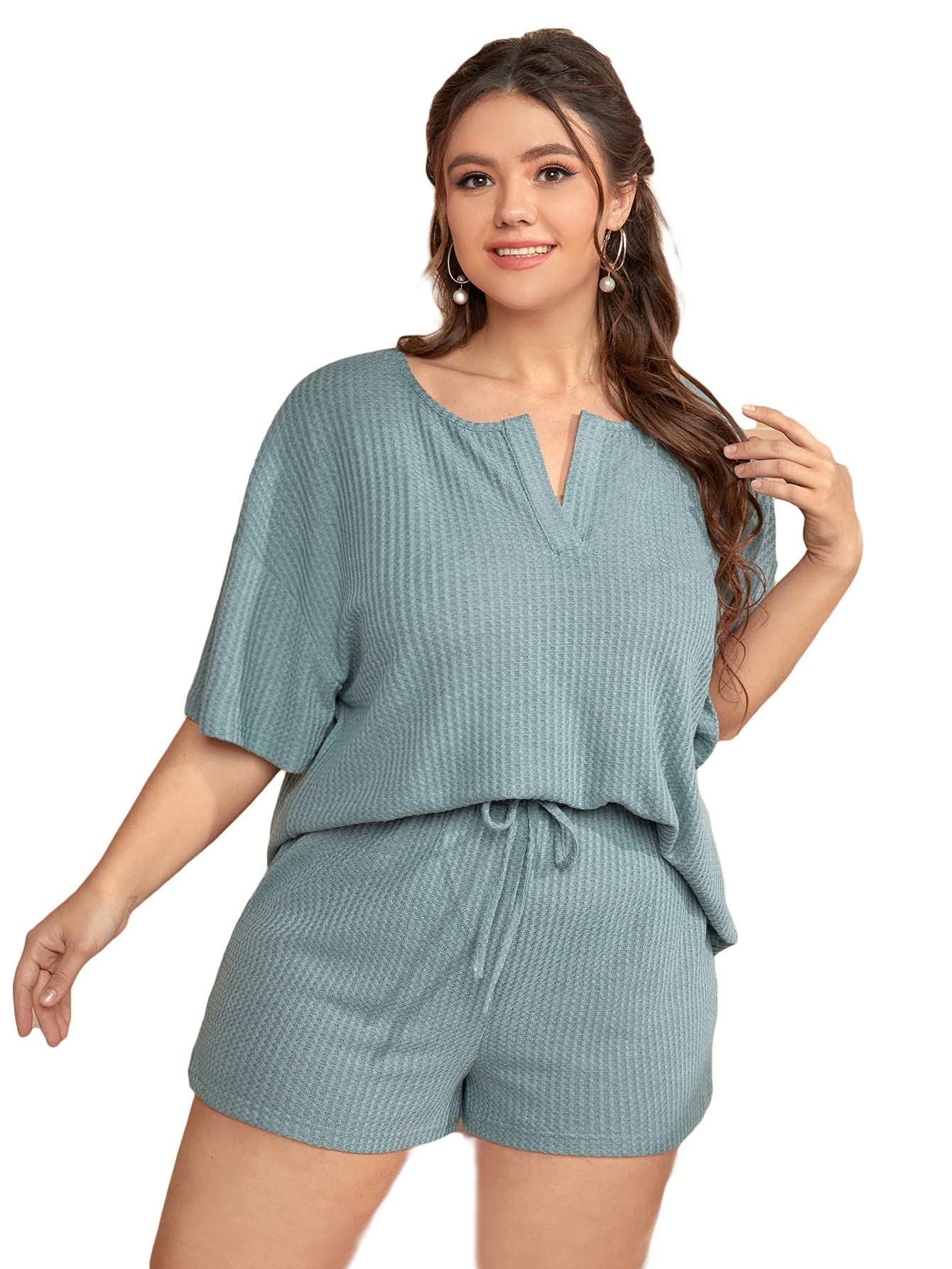 SheIn Women's Plus Size Waffle Knit Pajama Set - V-Neck Half Sleeve T-Shirt & Drawstring Shorts Sleepwear for Lounge & Relaxation at Home