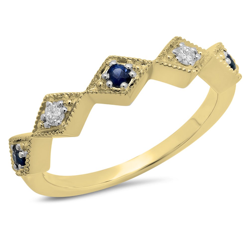 14K Solid Gold Round Blue Sapphire & White Diamond Vintage Style Millgrain Stackable Wedding Band Ring for Women - Perfect for Bridal, Anniversary, Stacking, and Everyday Elegance