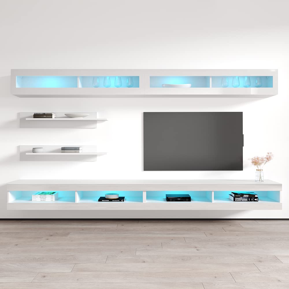 Modern White Wall-Mounted TV Stand with Storage Shelves & LED Lights - Floating Entertainment Center Console for Living Room & Bedroom - Perfect for Small Spaces & Home Theater Setup - Meble Furniture Fly I2 34TV Stand