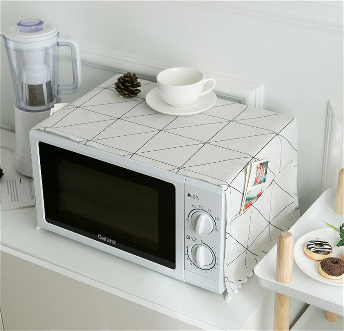 MVCHIFAY Microwave Oven Cover - Dustproof Cotton Machine Protector with Side Storage Pockets (11.8x35.4 Inches) - Big White Chessboard Design for Kitchen Decor | Perfect for Countertop Protection & Small Appliance Storage