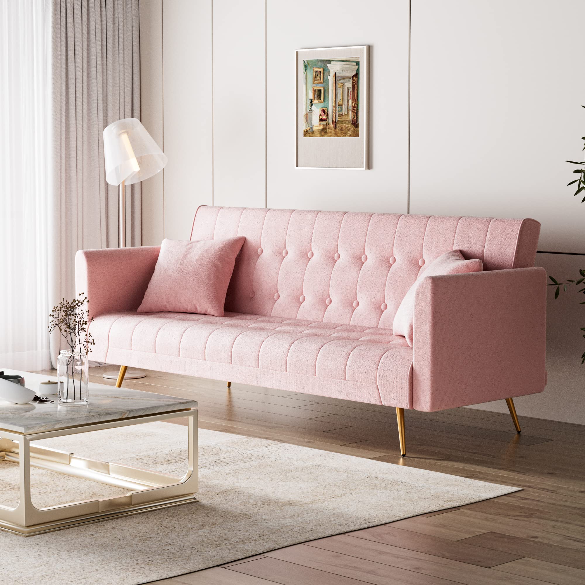 OUYESSIR 71 Inch Velvet Convertible Futon Sofa Bed with 2 Pillows - Sturdy Sleeper Couch for Small Spaces, Pink - Perfect for Living Rooms, Guest Rooms & Studio Apartments