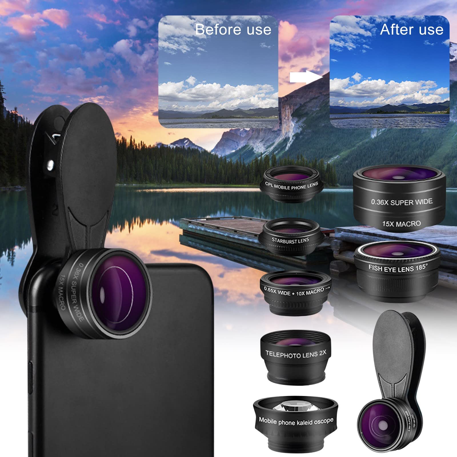 Jakashy 9-in-1 Universal Phone Lens Kit - Fish Eye, Macro, Telephoto, Wide Angle & Starburst Lens for iPhone 13/12/11/XR & Android Smartphones - Perfect for Travel Photography, Vlogging, Close-up Shots & Creative Mobile Photography (SZ8522010601)