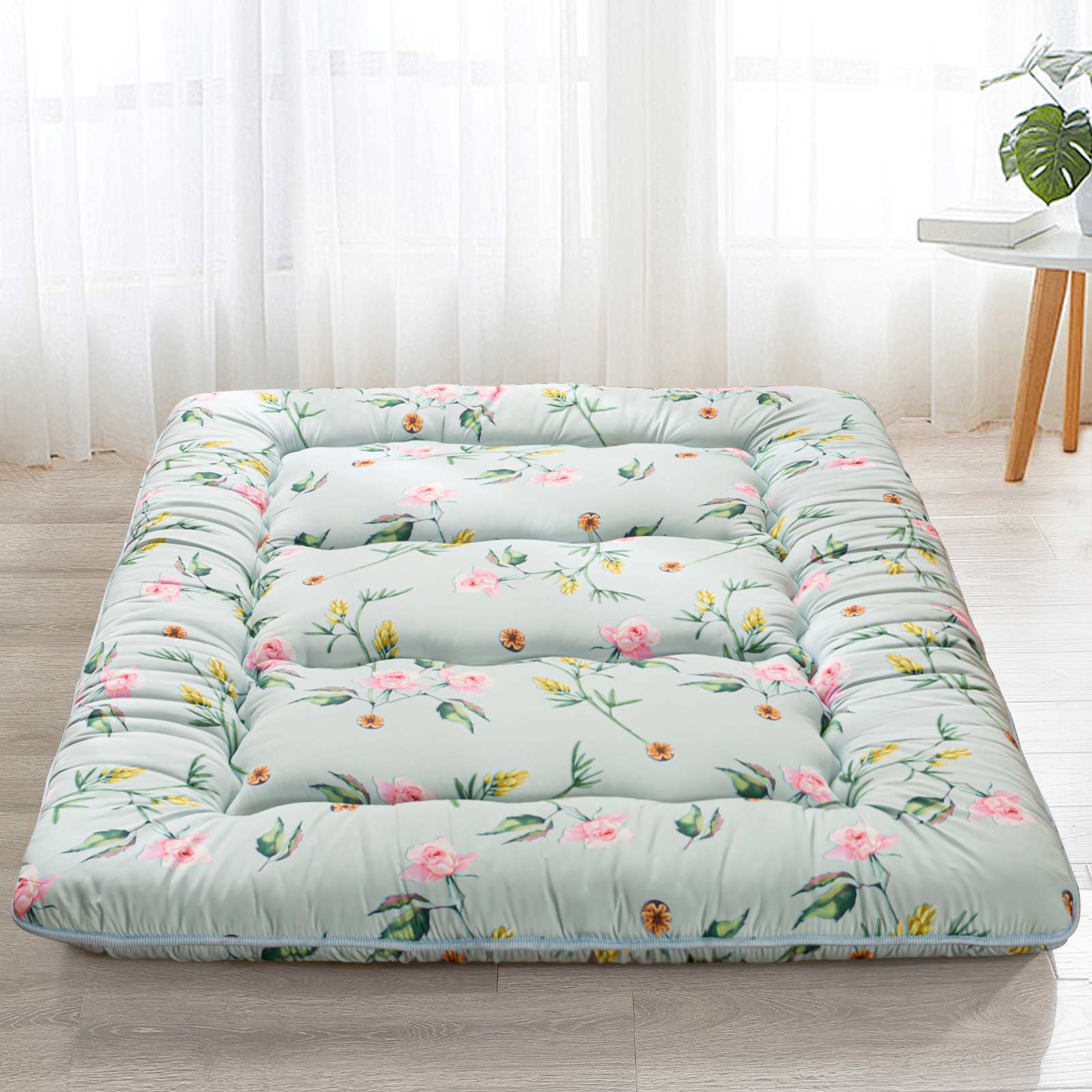 MAXYOYO Floor Mattress - Green Floral Printed Japanese Futon Mattress for Guest Bed, Yoga & Meditation | Foldable Floor Sleeping Pad for Small Spaces