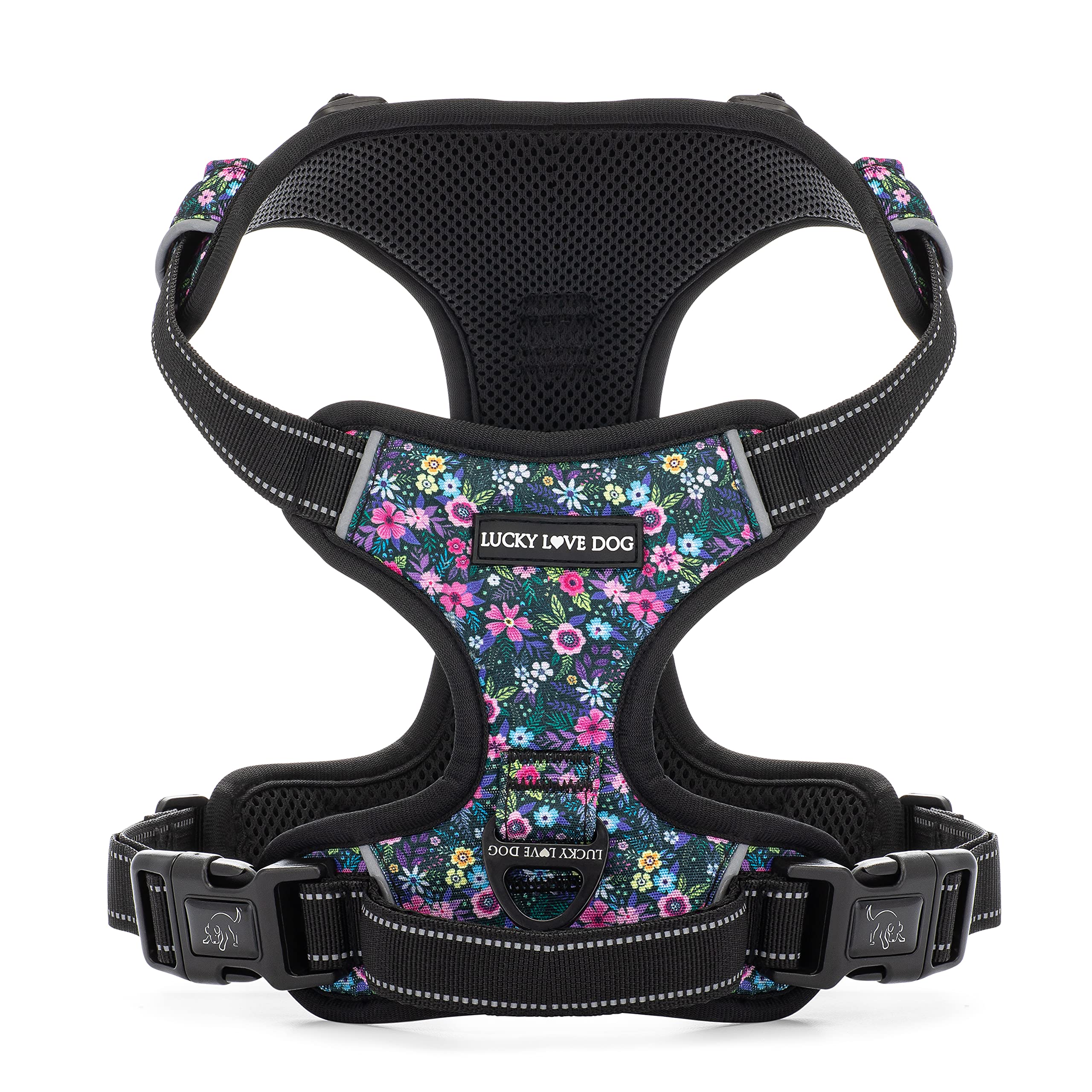 No Pull Dog Harness with Adjustable Straps - Breathable Mesh Vest for Small Medium Large Dogs (X-Small, Black & Purple Floral Pattern) - Perfect for Walking, Training & Outdoor Adventures