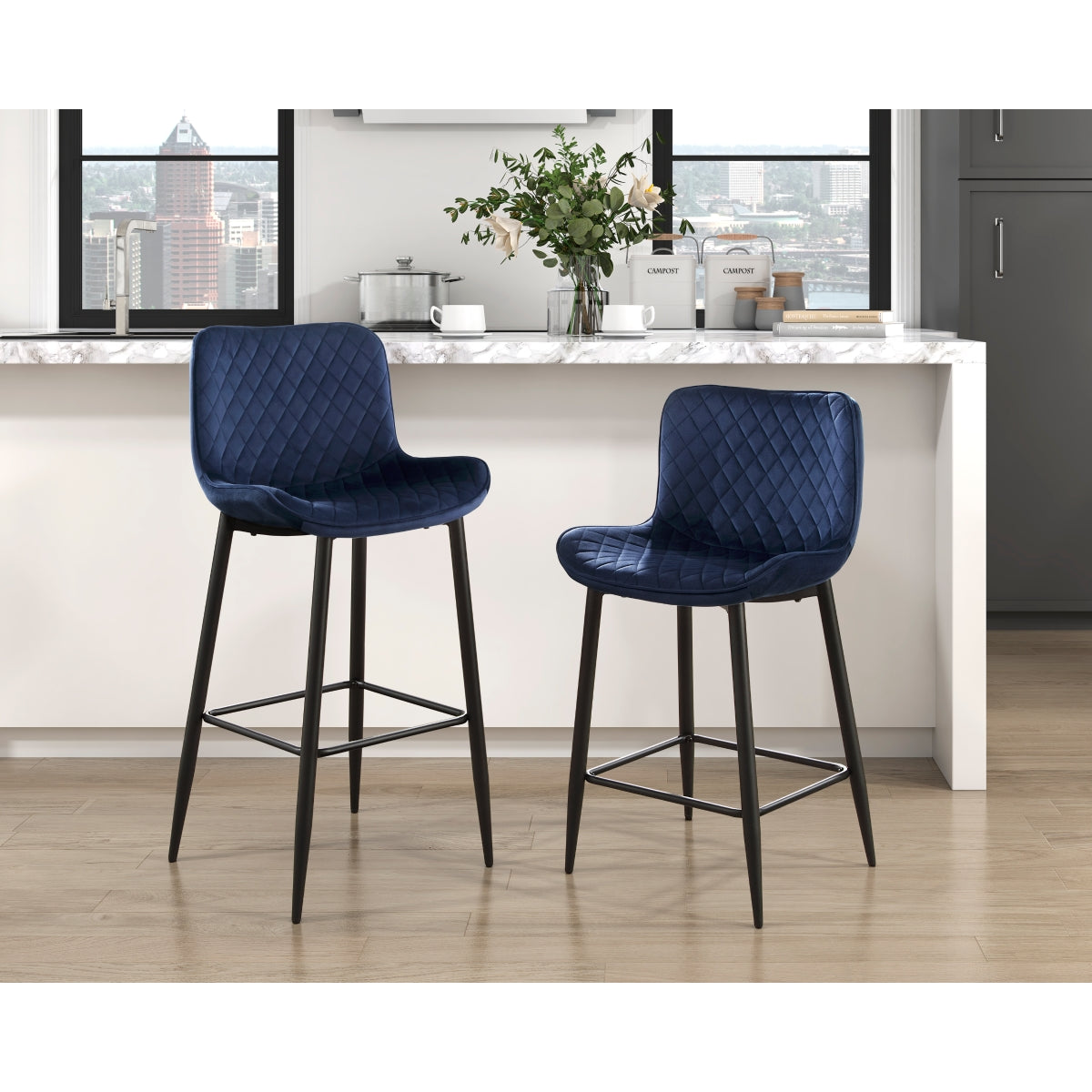 Blue Velvet Quilted Bar Stools Set of 2 - Modern Kitchen Counter Height Chairs with Padded Seat for Dining Room, Bar, or Breakfast Nook