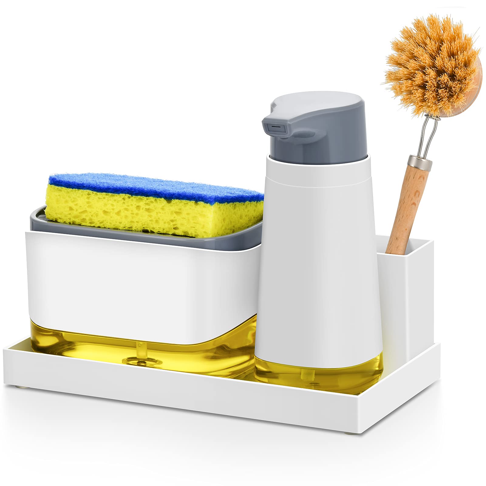 SUBEKYU Kitchen Soap Dispenser Set with Sponge Holder & Tray - Grey & White Plastic Hand & Dish Soap Dispenser for Sink - Perfect for Kitchen Organization & Dish Washing (Brush Not Included)