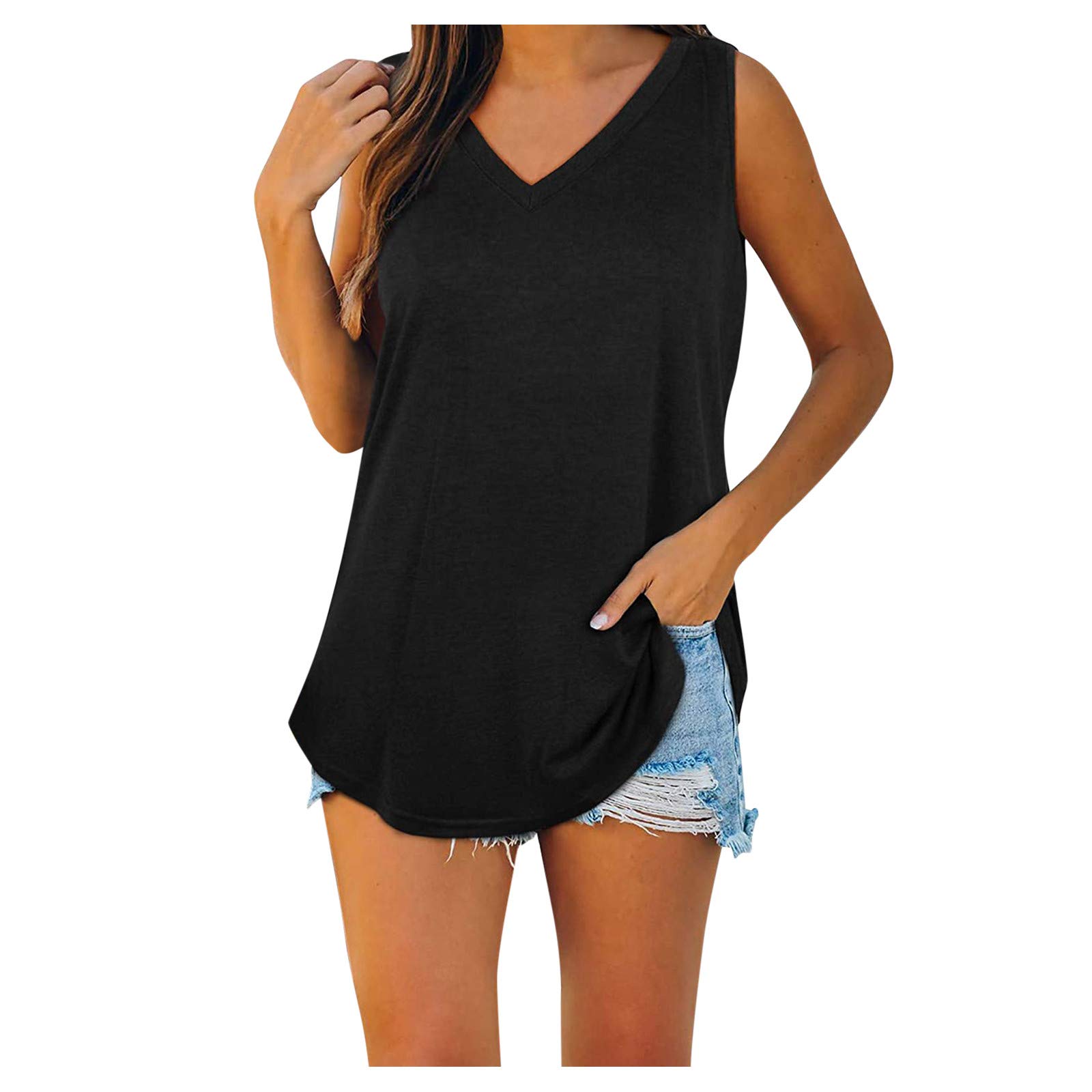 Women's Summer V-Neck Lace Tank Tops - Casual Sleeveless Shirts with Side Split for Beach, Vacation & Everyday Wear