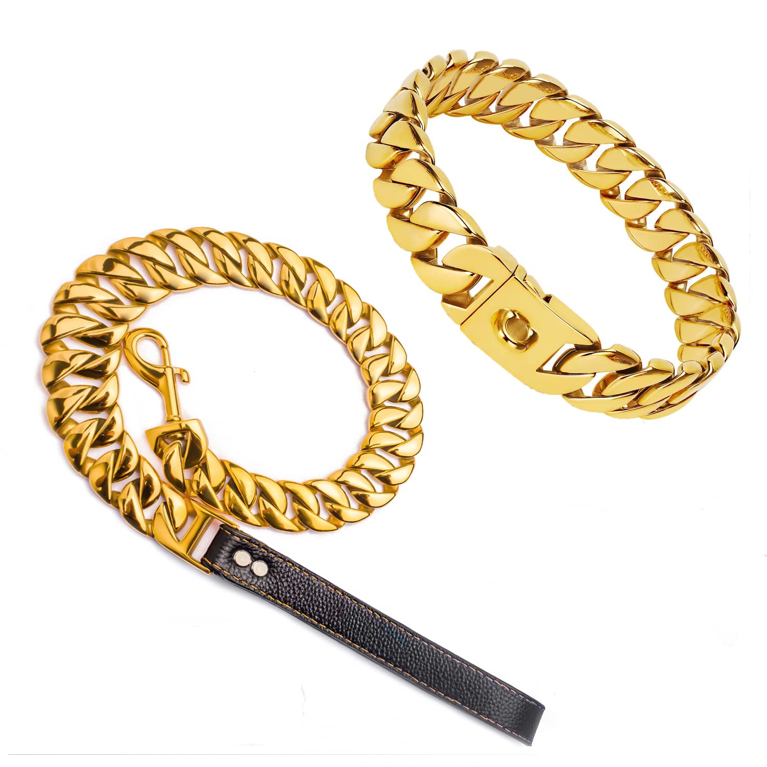 32mm Heavy Duty Big Dog Chain Collar with Cuban Link Leash - Strong Metal Choke Collar for Large Breed Dogs - Perfect for Training, Walking & Outdoor Adventures
