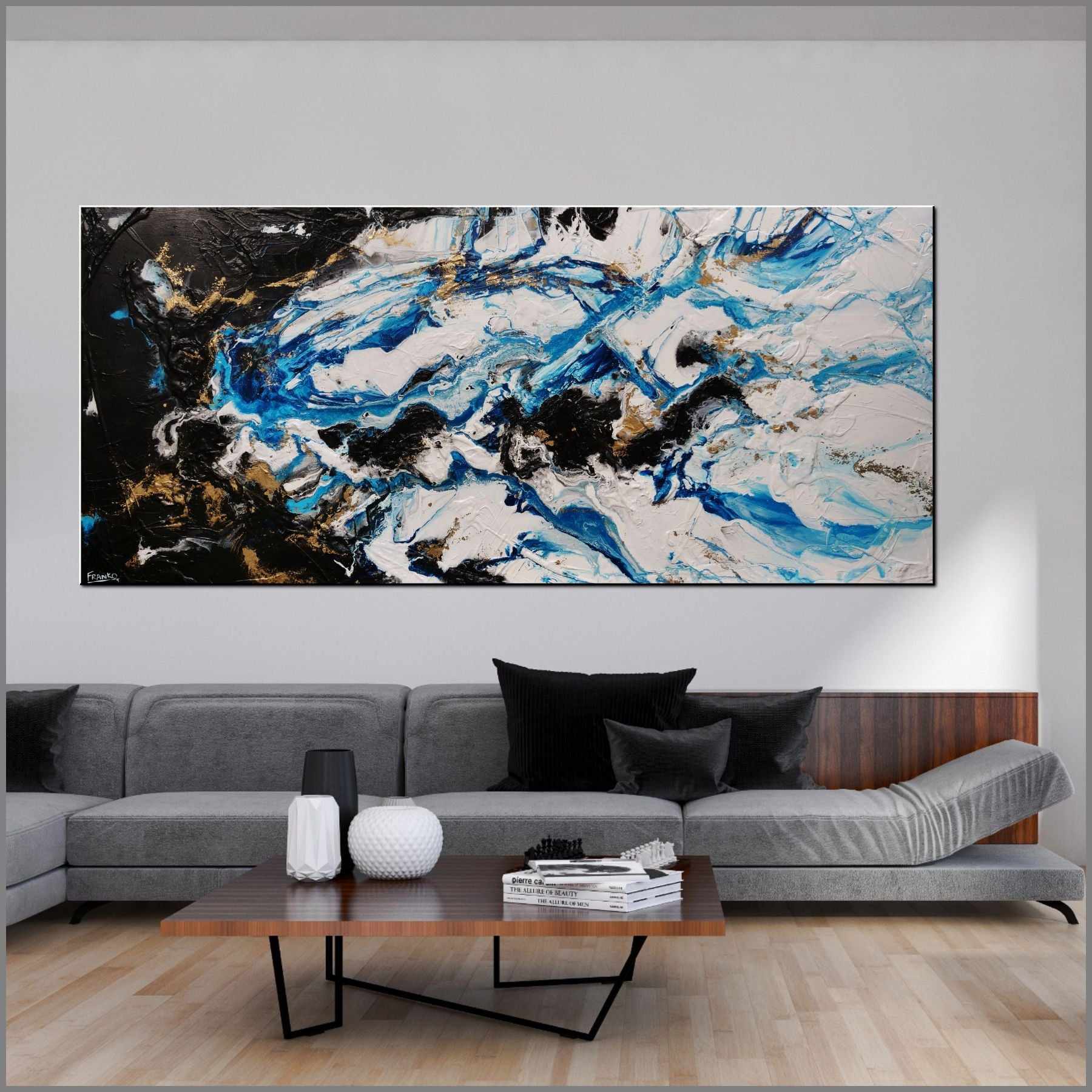 Cobalt Reign 270cm x 120cm Black Blue Gold Textured Abstract Canvas Art - Modern Wall Decor for Living Room, Bedroom & Office