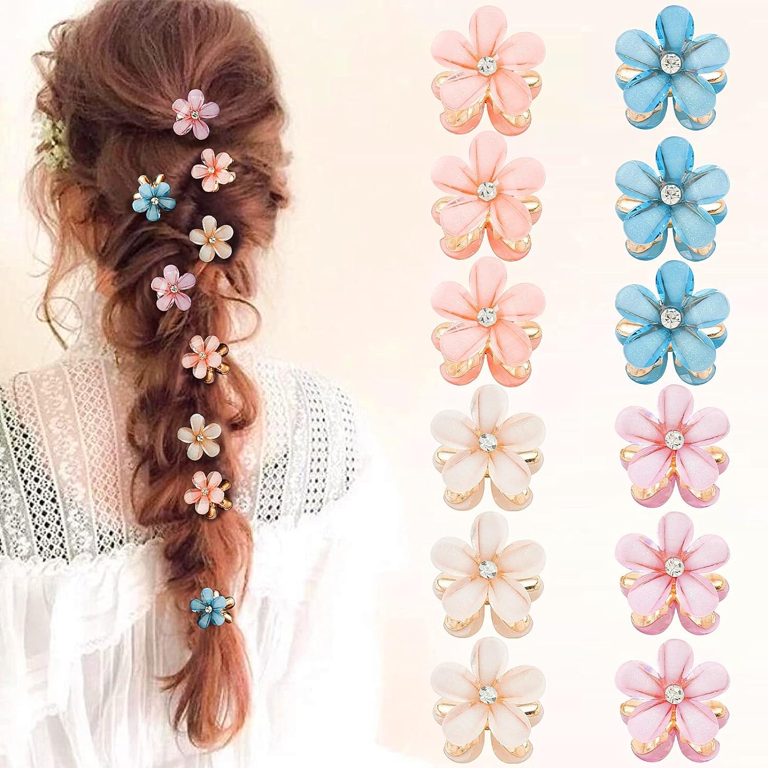SMARTBUYER 6-Piece Double-Sided Crystal Flower Hair Clips with Rhinestones - Alloy Hair Claws for Girls - Sweet Summer Hair Accessories for Parties, Weddings & Everyday Styling