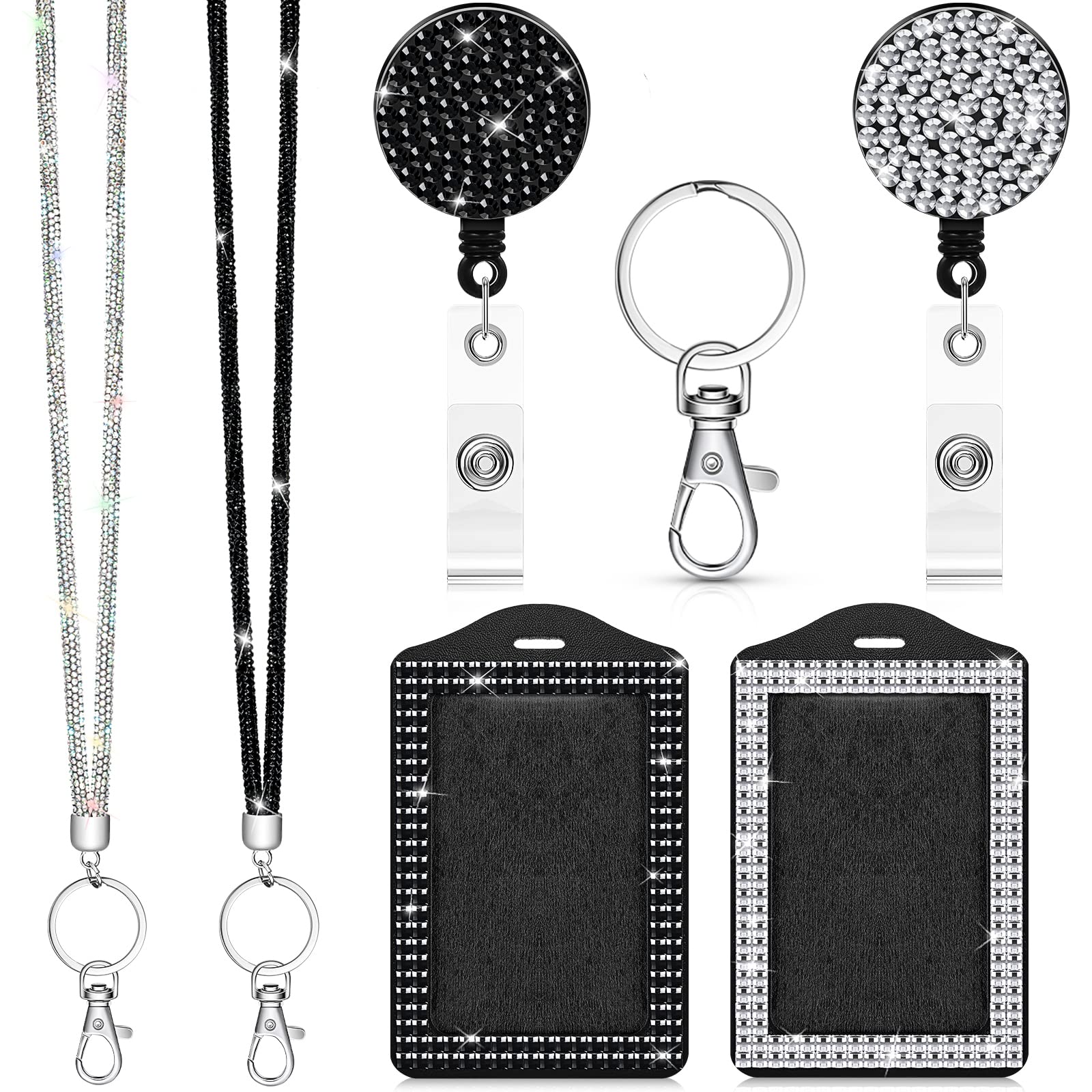 Rhinestone Bling Lanyards for ID Badges - Retractable Keychain for Women Office & Travel