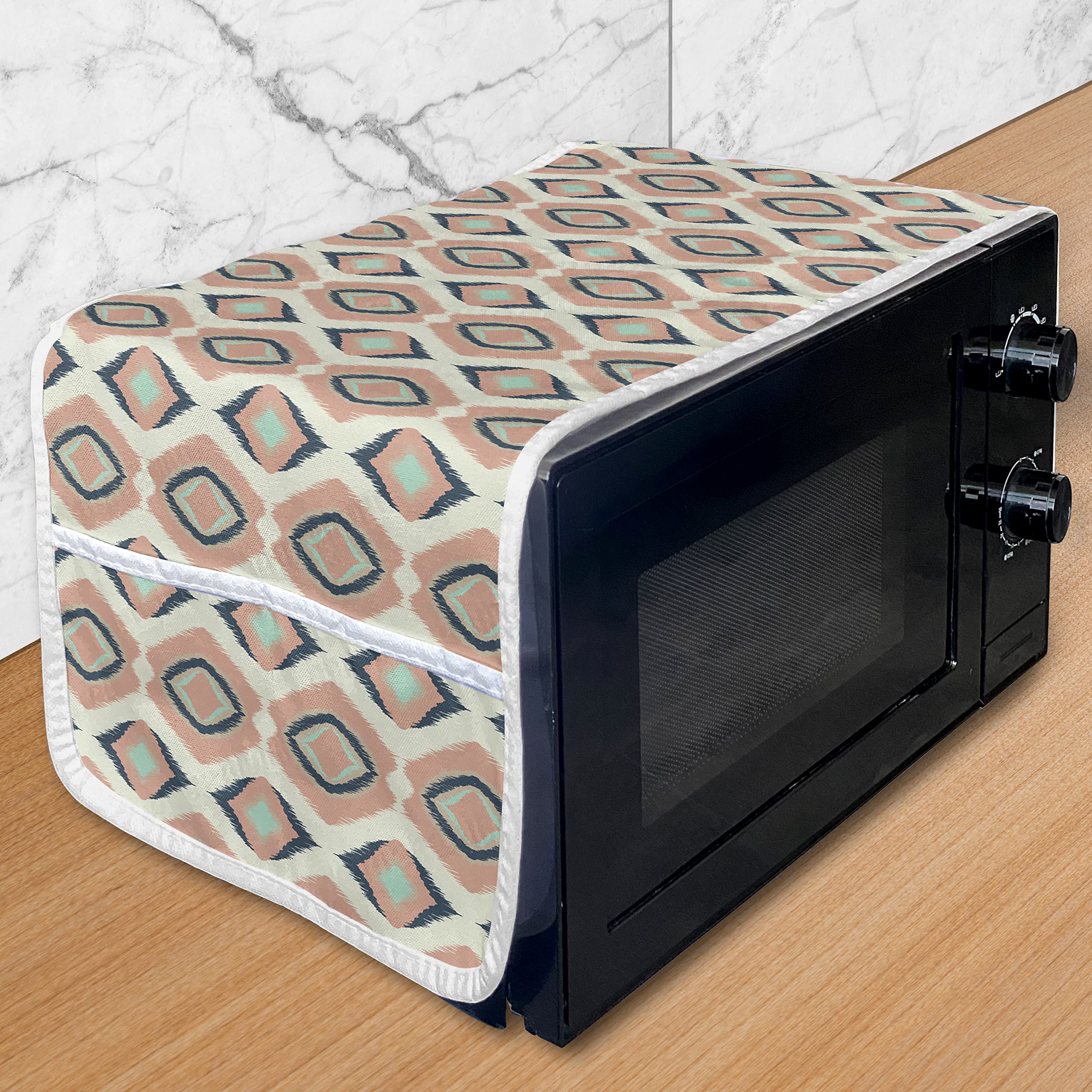 Ambesonne Bohemian Microwave Oven Cover - Folkloric Diamond Geometric Pattern, Water Resistant Kitchen Organizer with Pockets, 36