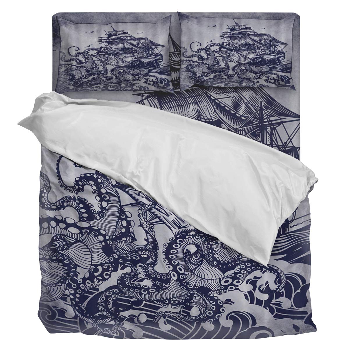 King Size Luxury 4-Piece Sunflower Duvet Cover Set - Soft Comforter Cover with 1 Duvet, 1 Sheet & 2 Pillowcases - Kraken Octopus Nautical Ocean Waves Design - Perfect for Coastal Bedroom Decor & Guest Room Makeover