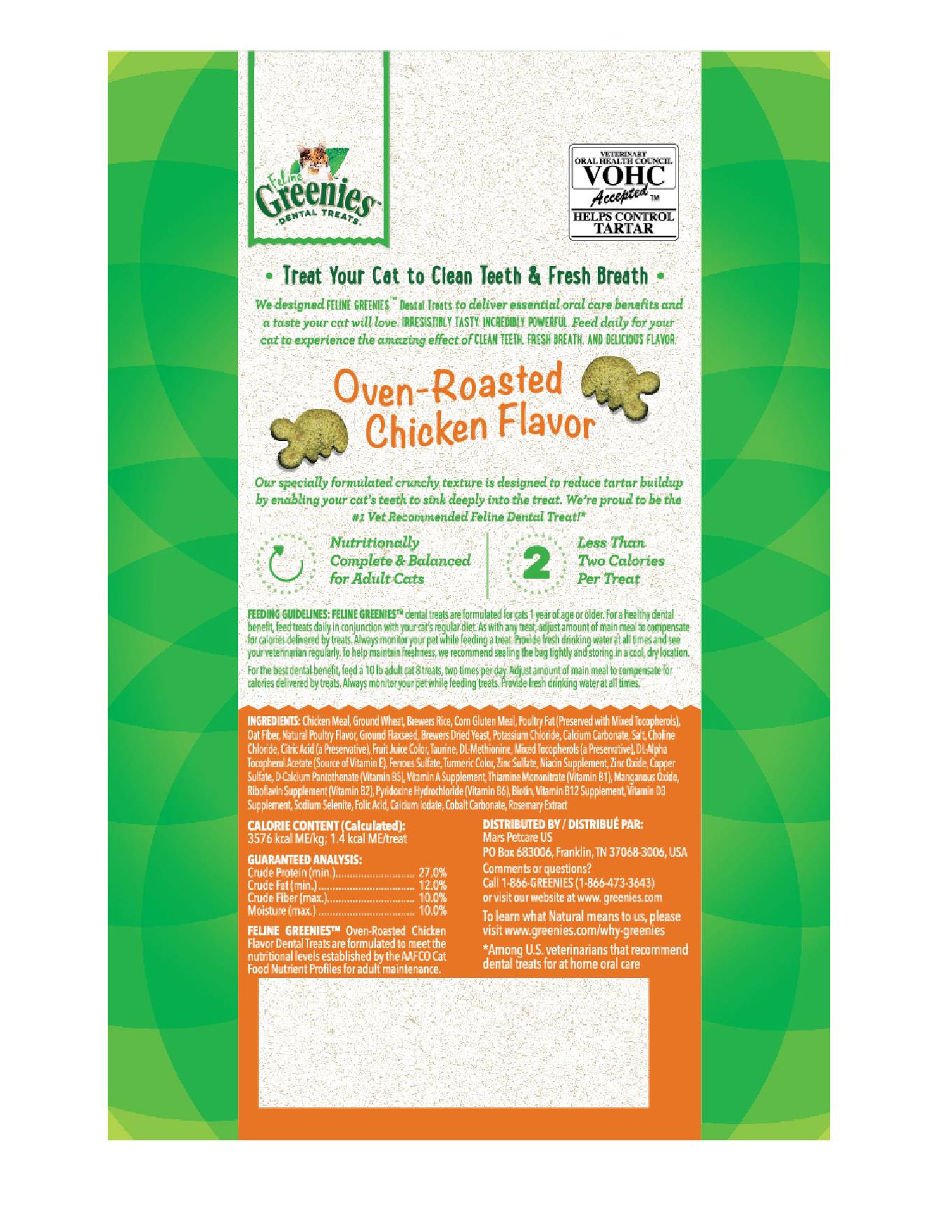 Greenies Feline Dental Treats for Cats - Oven Roasted Chicken Flavor, 60g - Healthy Teeth & Fresh Breath Cat Snacks for Daily Oral Care & Training Rewards