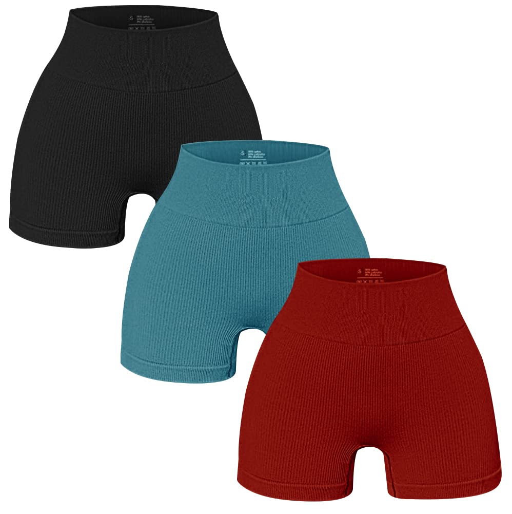 OLCHEE Women's 3-Pack High Waisted Yoga Shorts - Seamless Ribbed Biker Shorts with Tummy Control for Workout, Running & Gym | Perfect for Yoga, Pilates & Lounge Wear