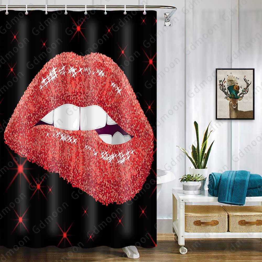 Gdmoon Sexy Lips Shower Curtain - Red Glitter Kiss Design with Sequins, Modern Bathroom Decor (60x72 Inches) Includes 12 Hooks - Perfect for Girls' Rooms, Bachelorette Parties & Glamorous Bathroom Makeovers
