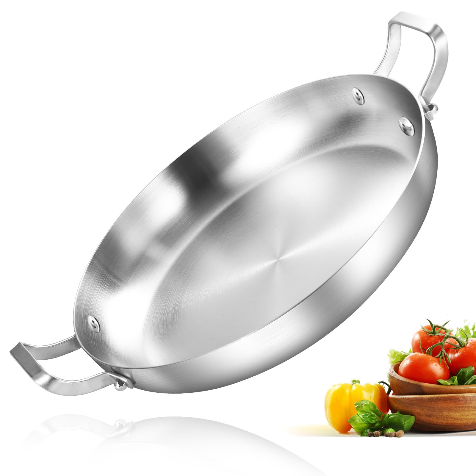 Inqibee 12-Inch Tri-Ply Stainless Steel Paella Pan - Large Induction Skillet, Griddle & Frying Pan - Oven & Dishwasher Safe Cookware for Seafood, Rice Dishes & Family Meals - Silver IQB-3ply