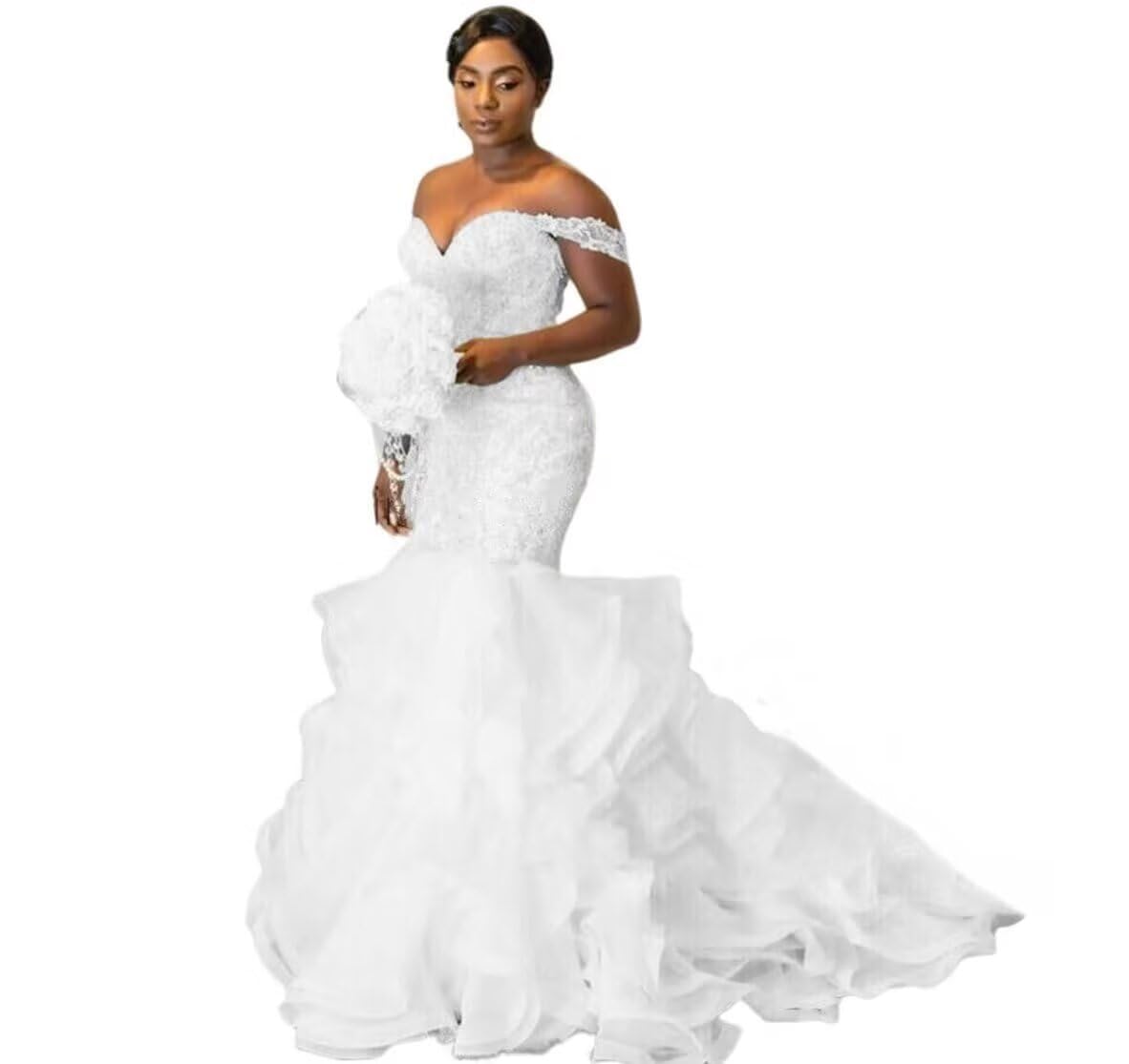 XYAYE Elegant Ruffle Organza Crystal Mermaid Wedding Dress with Lace Tassel Details - Off Shoulder Bridal Gown for Bride - Perfect for Beach Weddings, Church Ceremonies & Romantic Photoshoots