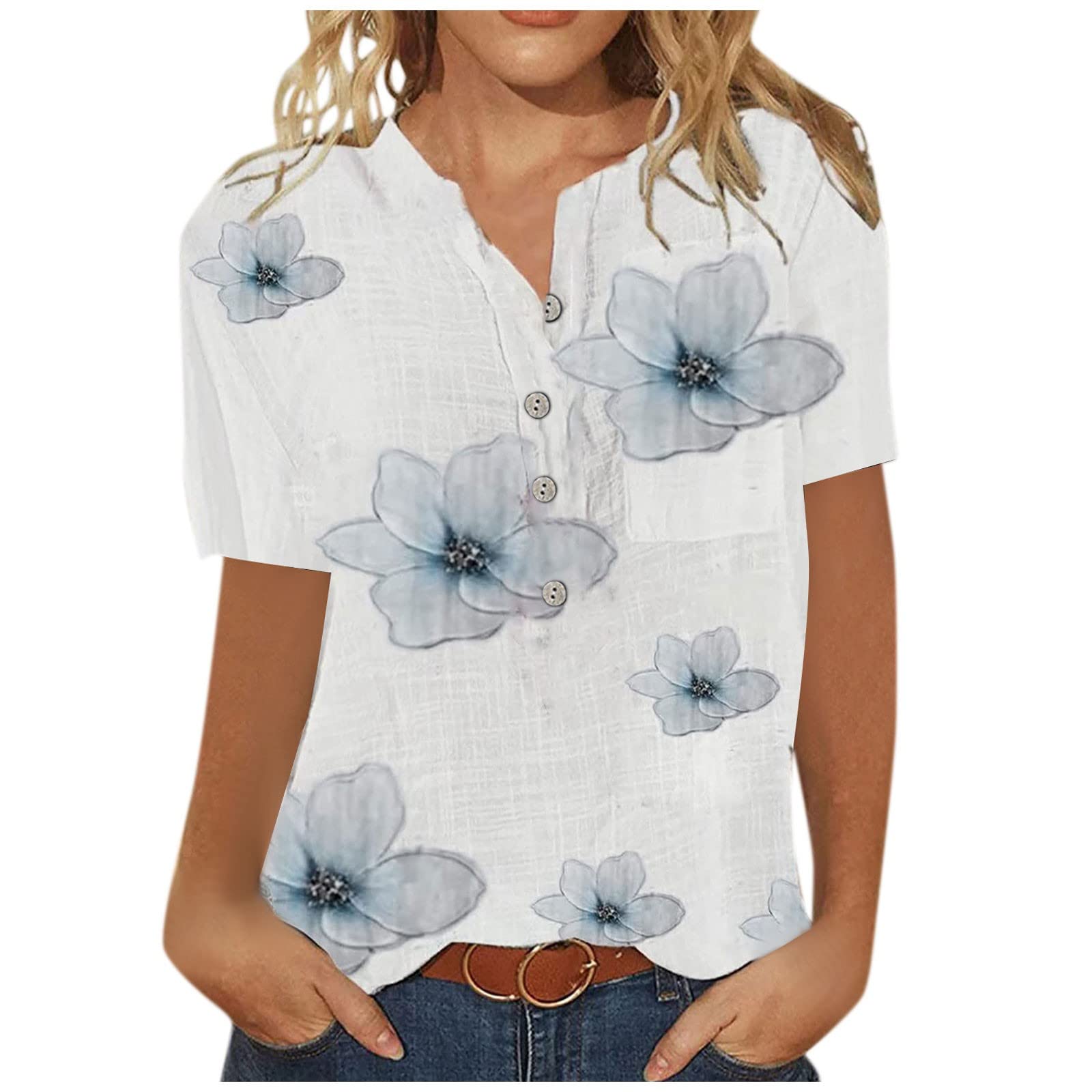 Women's Floral Print V-Neck Short Sleeve Casual Button Down Tunic Top - Loose Comfortable Blouse for Summer Outfits, Office Wear & Daily Fashion