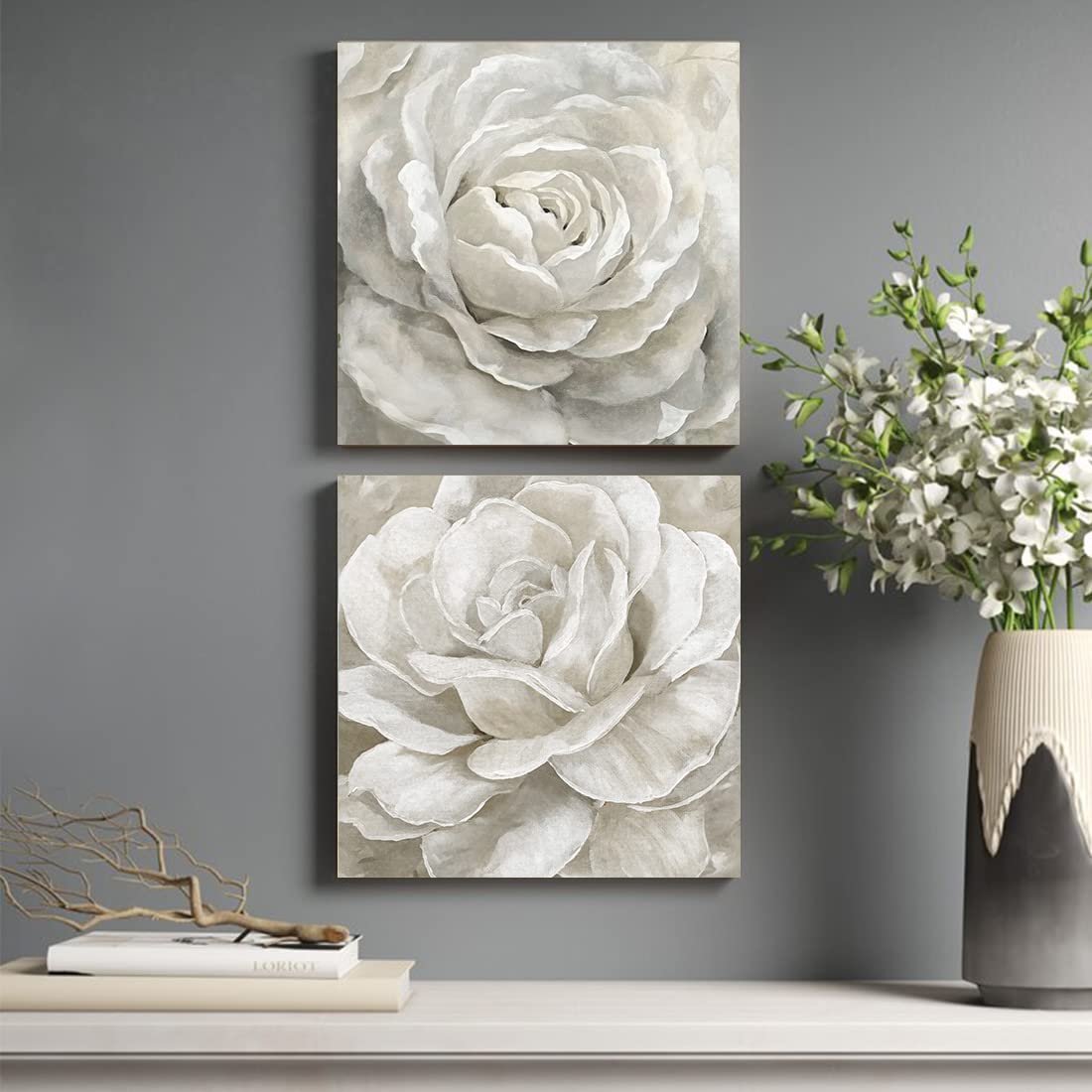 Bluegrass Valley Framed Floral Wall Art - Set of 2 Modern Abstract White Rose Canvas Prints (12x12 Inch) for Living Room, Bedroom & Bathroom Decor | Perfect for Home, Office & Gift Giving