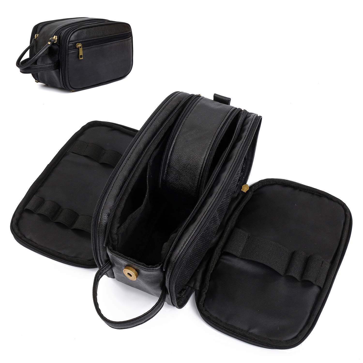 Leather Toiletry Bag for Men - Large Capacity Travel Shaving Dopp Kit, Waterproof Bathroom Organizer & Cosmetic Bag (Black) | Perfect for Business Trips, Gym, Camping & Vacation Essentials