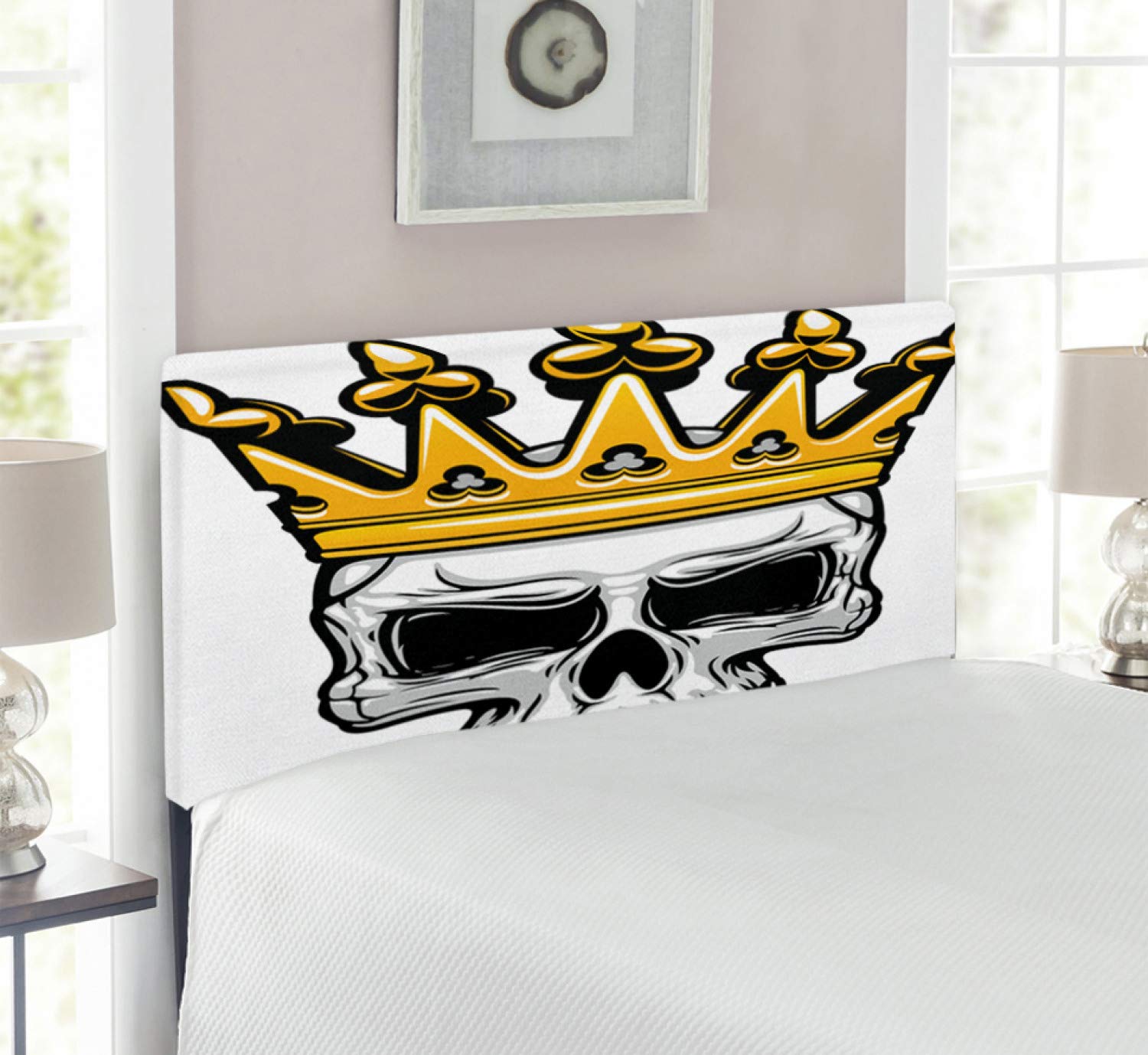 Ambesonne King Size Upholstered Headboard - Hand Drawn Crowned Skull with Tiara Design, Halloween Themed Metal Bed Frame with Memory Foam, Twin Size in Orange & Pale Grey - Perfect for Gothic Bedroom Decor & Halloween Party Setup