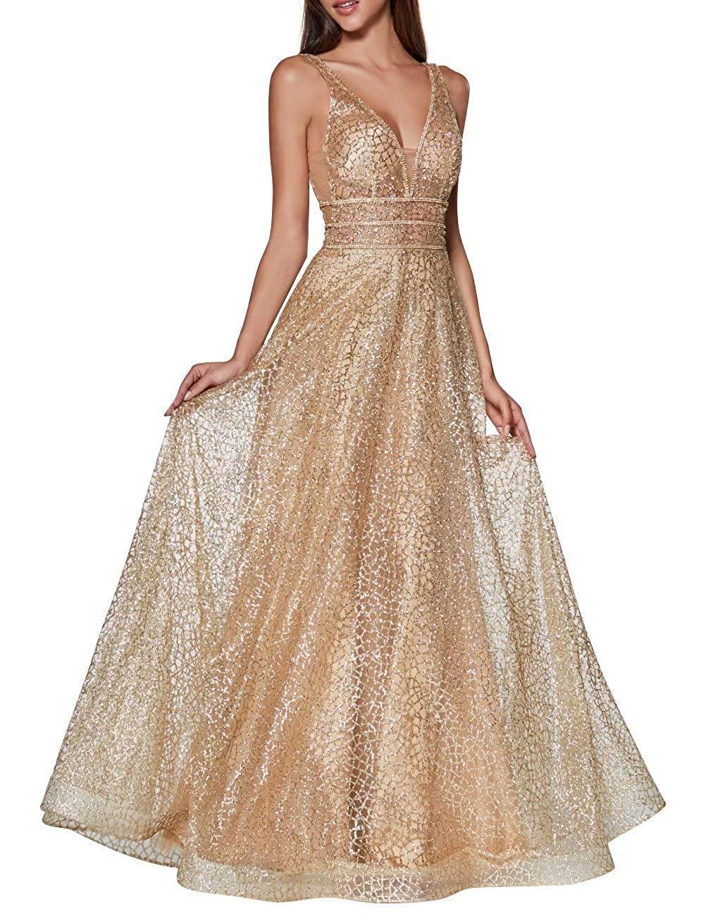 MKbridal Women's Sparkle V-Neck Tulle Prom Dress - Long Glitter Formal Evening Gown for Homecoming, Ball, Wedding & Special Occasions