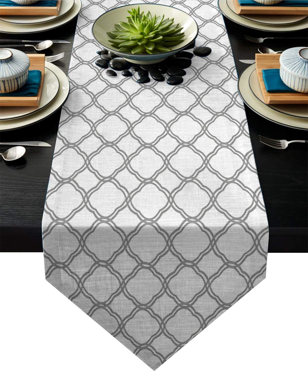 Linen Burlap Table Runner - Moroccan Trellis Design for Wedding & Party Decor