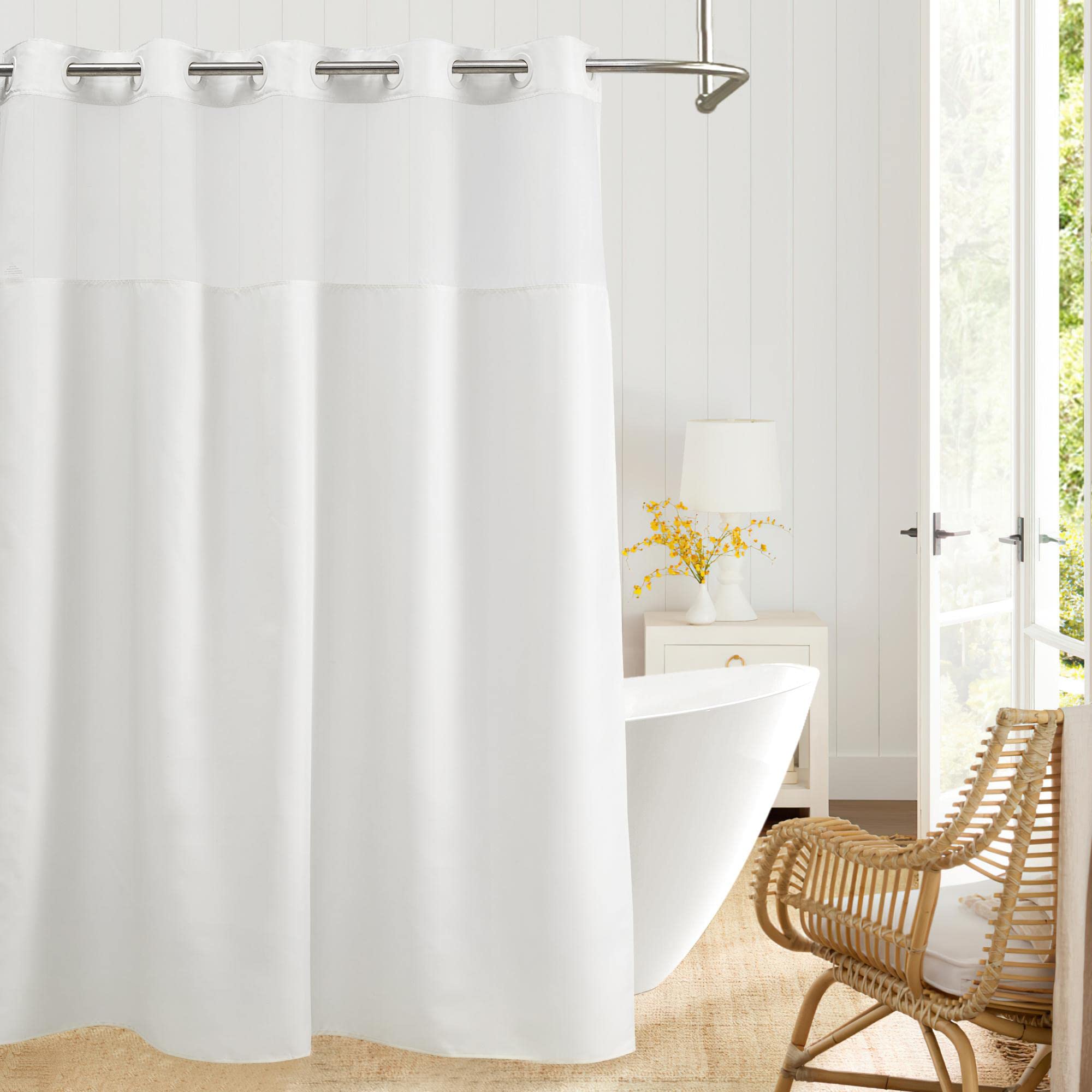 River Dream Extra-Long White Fabric Shower Curtain - No Hooks Needed, Hotel Quality Bathroom Shower Curtain with Window, Water Repellent & Machine Washable, 71