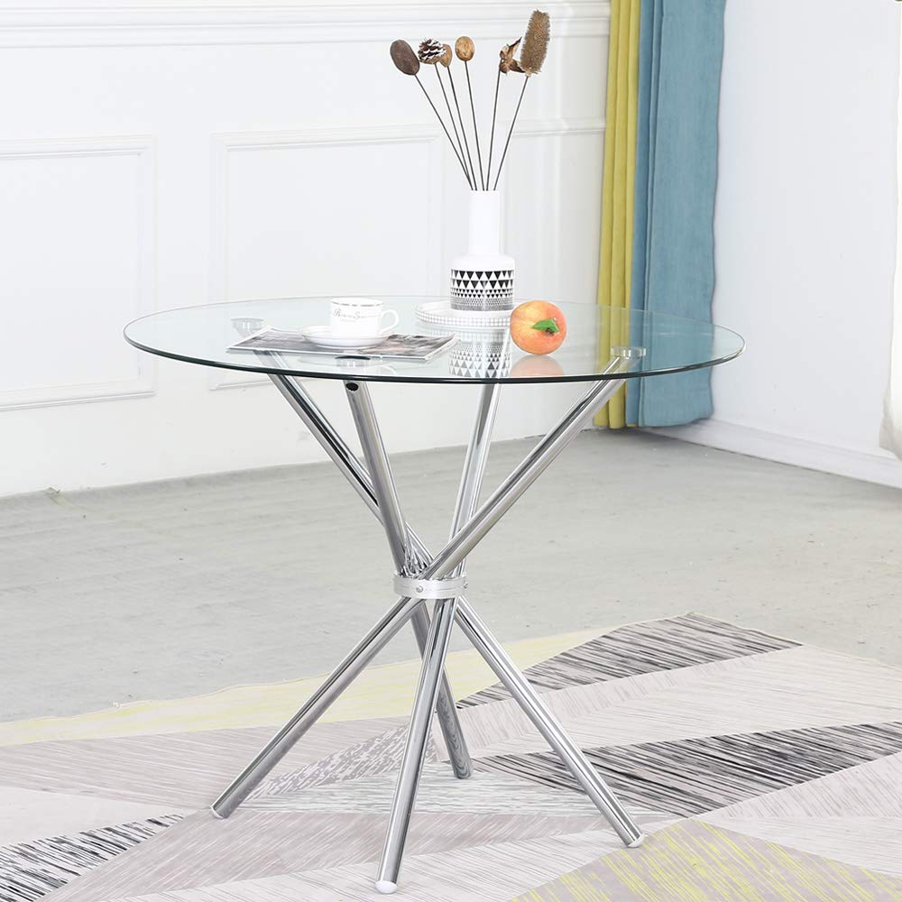 Modern Round Glass Dining Table with Tempered Glass Top & Chrome Legs - 35.4