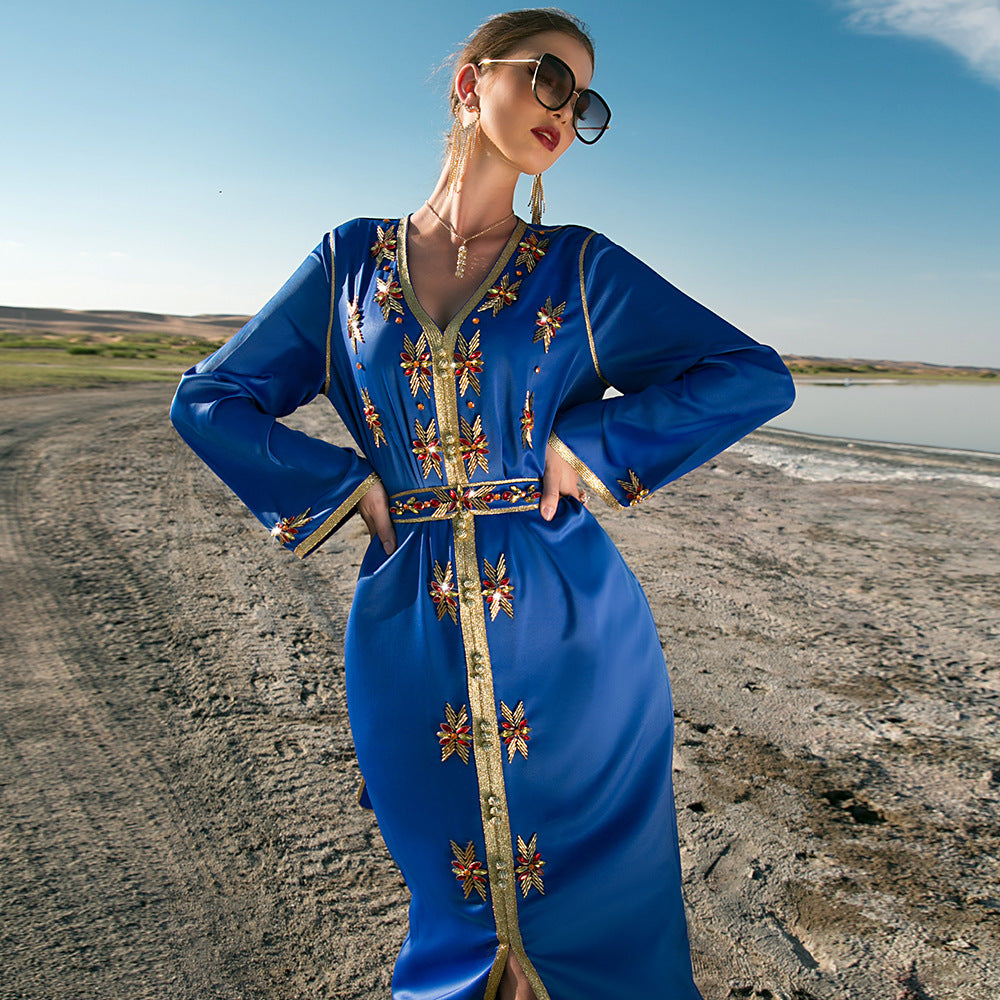 Elegant Dubai Kaftan Dress for Women - Hand Stitched Rhinestone Embellished Eid Abaya - Perfect for Eid Celebrations, Weddings & Special Occasions