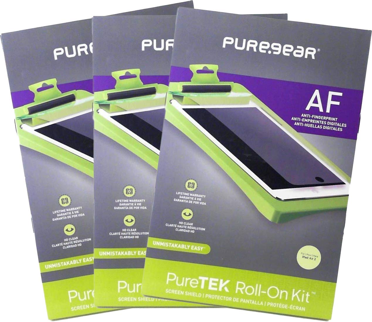 PureGear PureTek Anti-Fingerprint Roll-On Screen Protector Kit (3-Pack) with Easy Install Tray for Apple iPad Air & Air 2 - Perfect for Work, Travel & Home Use