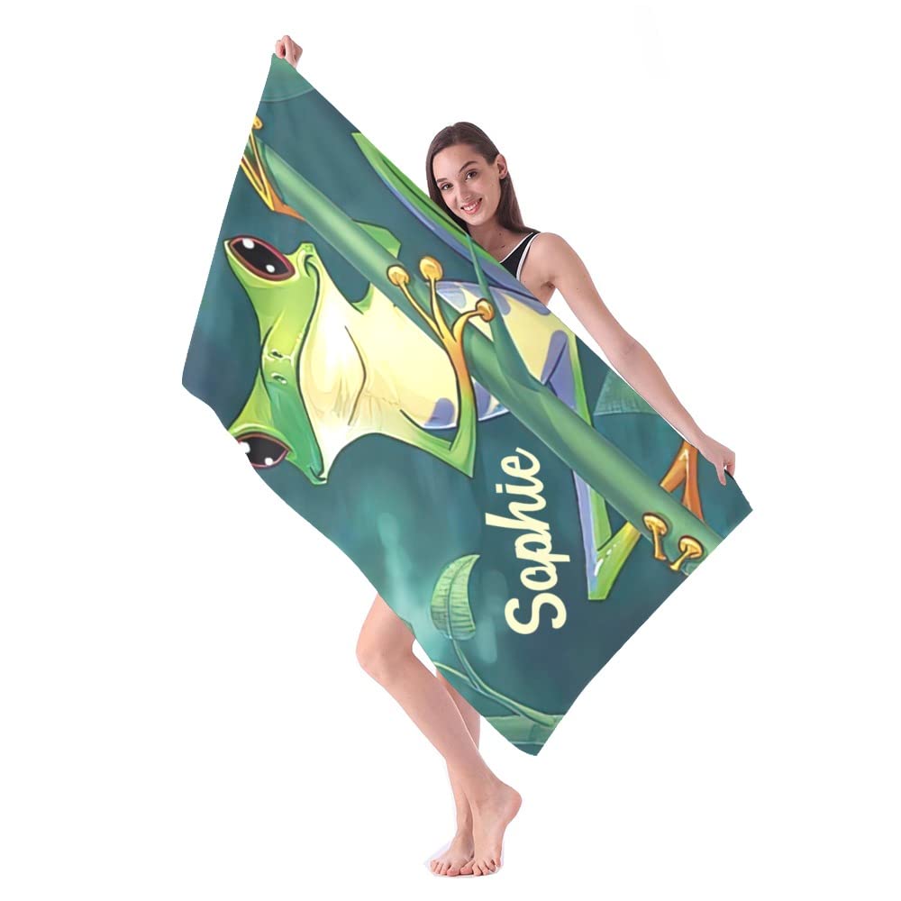 Custom Personalized Beach Towels with Name - Cute Green Frog Design - Quick Dry Absorbent Microfiber - Sand Proof Pool & Bath Towel for Kids, Girls, Boys & Adults - 30x60 Inch - Perfect for Beach, Pool, Gym & Travel