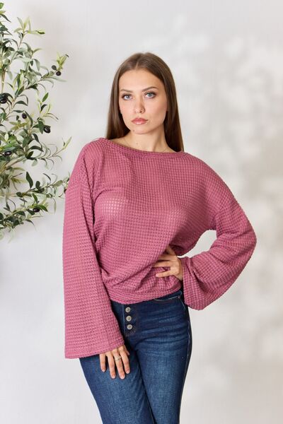 Culture Code Women's Full Size Waffle Knit Round Neck Long Sleeve Blouse - Soft Casual Shirt for Work, Date Night & Fall Layering