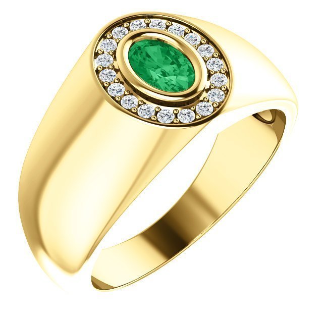 14KT Gold Emerald & Diamond Oval Halo Ring for Men - 0.48CT Emerald & 0.18CTW Diamond Engagement Wedding Band - Perfect for Proposals, Anniversaries & Special Occasions