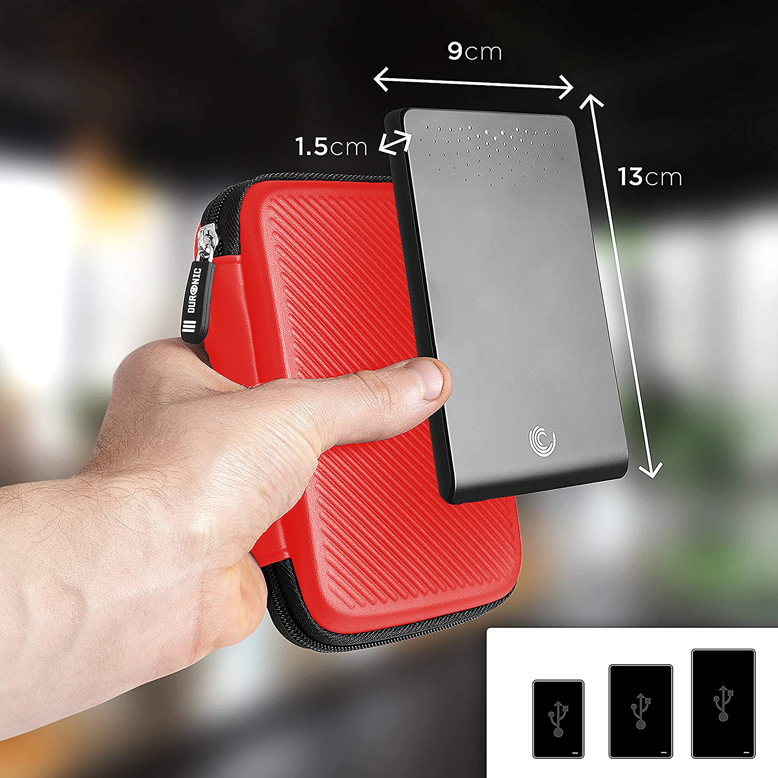 Duronic HDC2/RD Portable EVA Hard Drive Case - Protective Storage Pouch for External Hard Drives & Cables (Red) | Compatible with WD, Toshiba, Seagate, Samsung | Lightweight Travel & Office Data Protection Solution