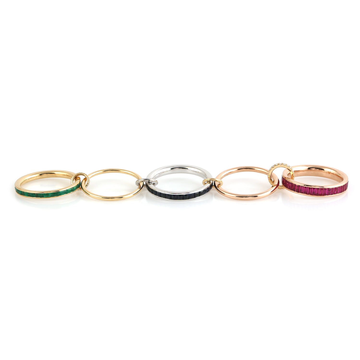 Blue Sapphire Emerald Channel Ruby Pave Diamond Linked Band Ring in 14K Multi Gold - Elegant Stackable Ring for Women, Perfect for Weddings, Anniversaries & Special Occasions