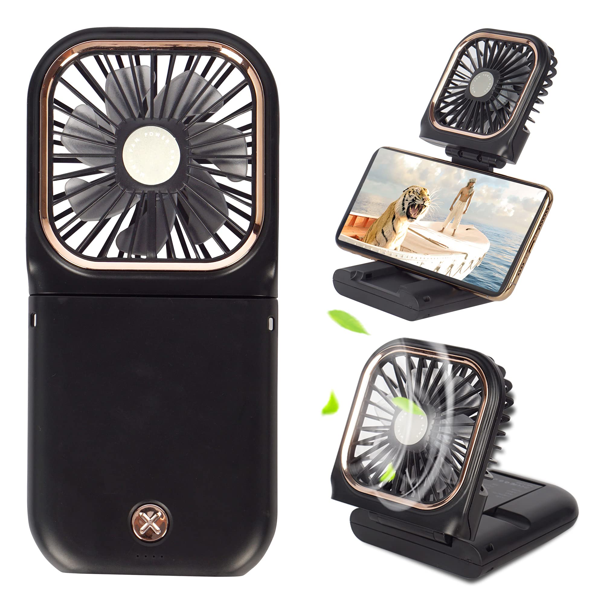 Portable Neck Fan with 3000mAh Power Bank - USB Rechargeable, 3-Speed Cooling Fan, Foldable & Hands-Free Design - Perfect for Outdoor, Travel, Gym, and Office Use (Black)