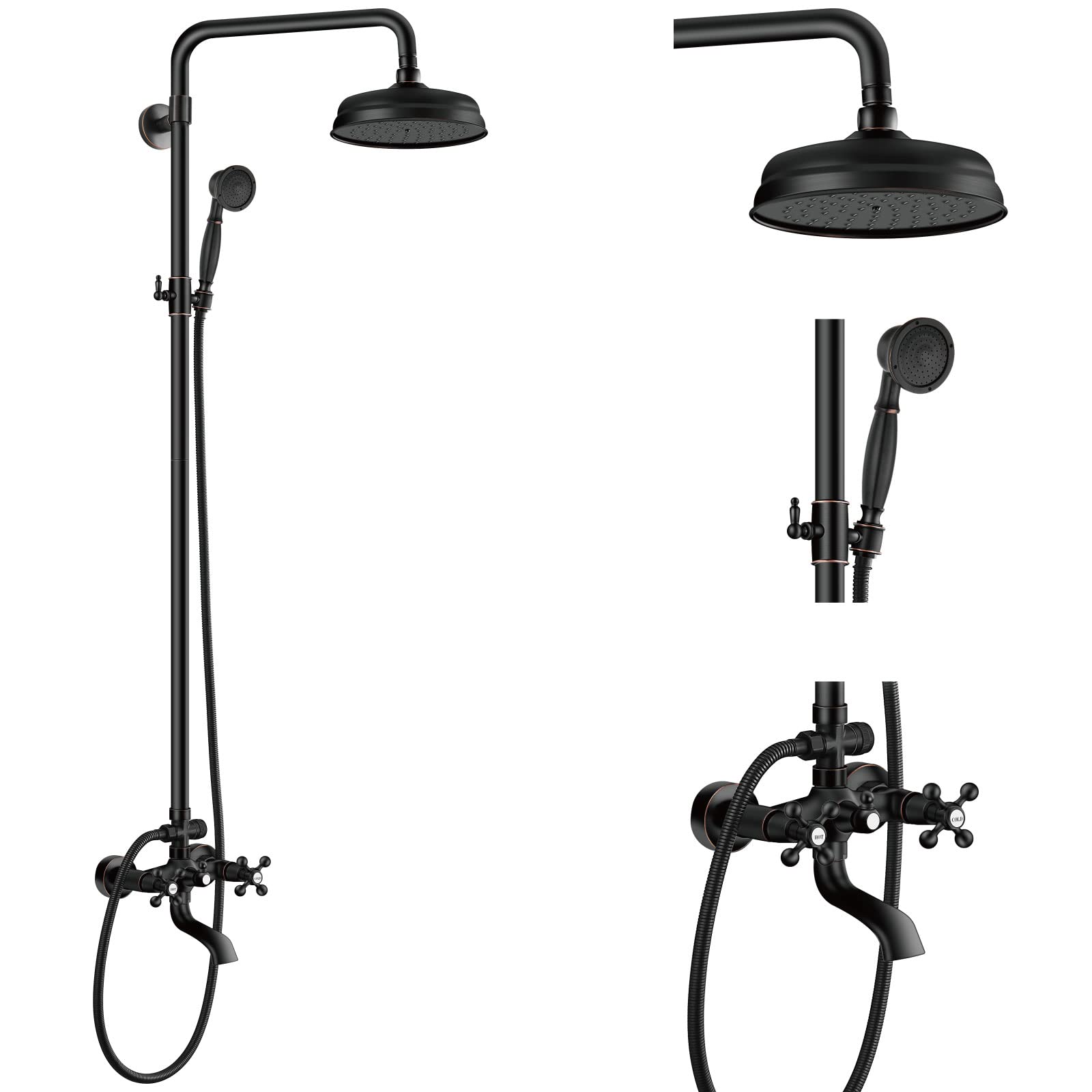 Aolemi Oil Rubbed Bronze Shower Faucet Set - 8 Inch Rainfall Shower Head with Mixer Valve, Cross Handle & Hand Spray for Bathtub | Bathroom Upgrade for Spa-Like Experience (Brass Construction, Easy Installation)