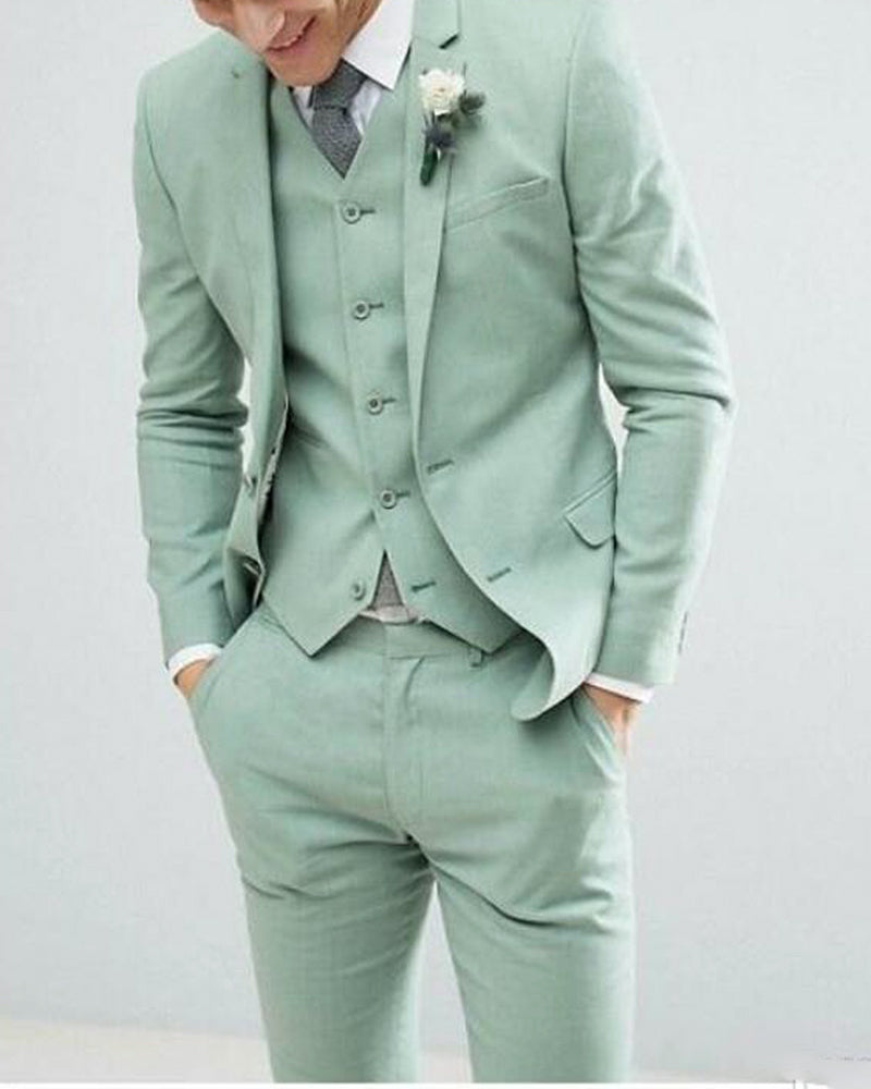Pastel Mint Green 3-Piece Men's Formal Suit Set - Tuxedo Jacket, Vest & Pants for Summer Weddings, Prom Parties & Special Occasions | Elegant Menswear for Grooms, Graduations & Black Tie Events (CB0428)