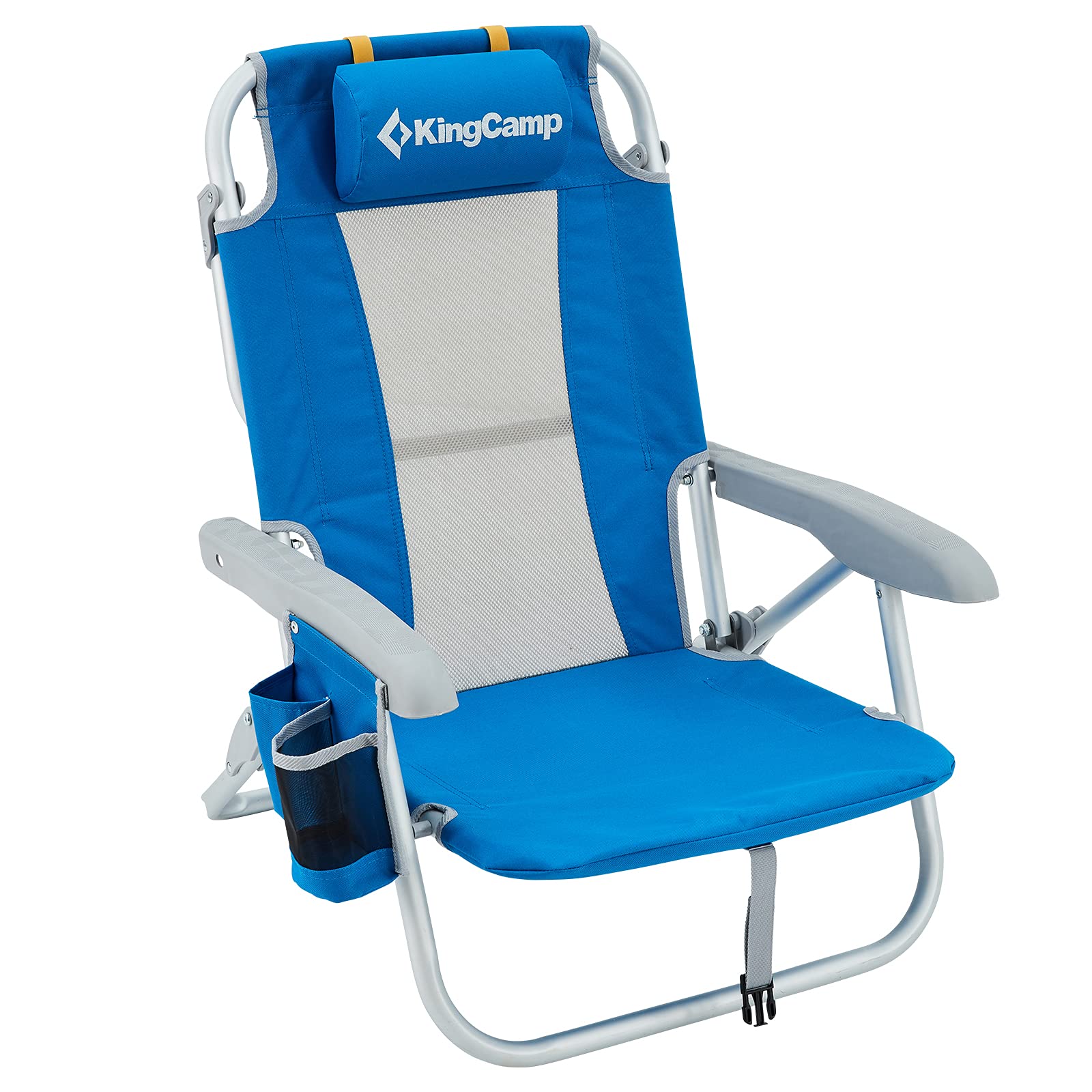 KingCamp Heavy Duty Folding Camping Chair for Adults - 5-Position Adjustable Recliner with Cup Holder & Headrest - Supports 300lbs - Portable for Beach, Lawn, Backyard, Picnics & Outdoor Events - Includes Carry Bag - Extra Large Size in Blue