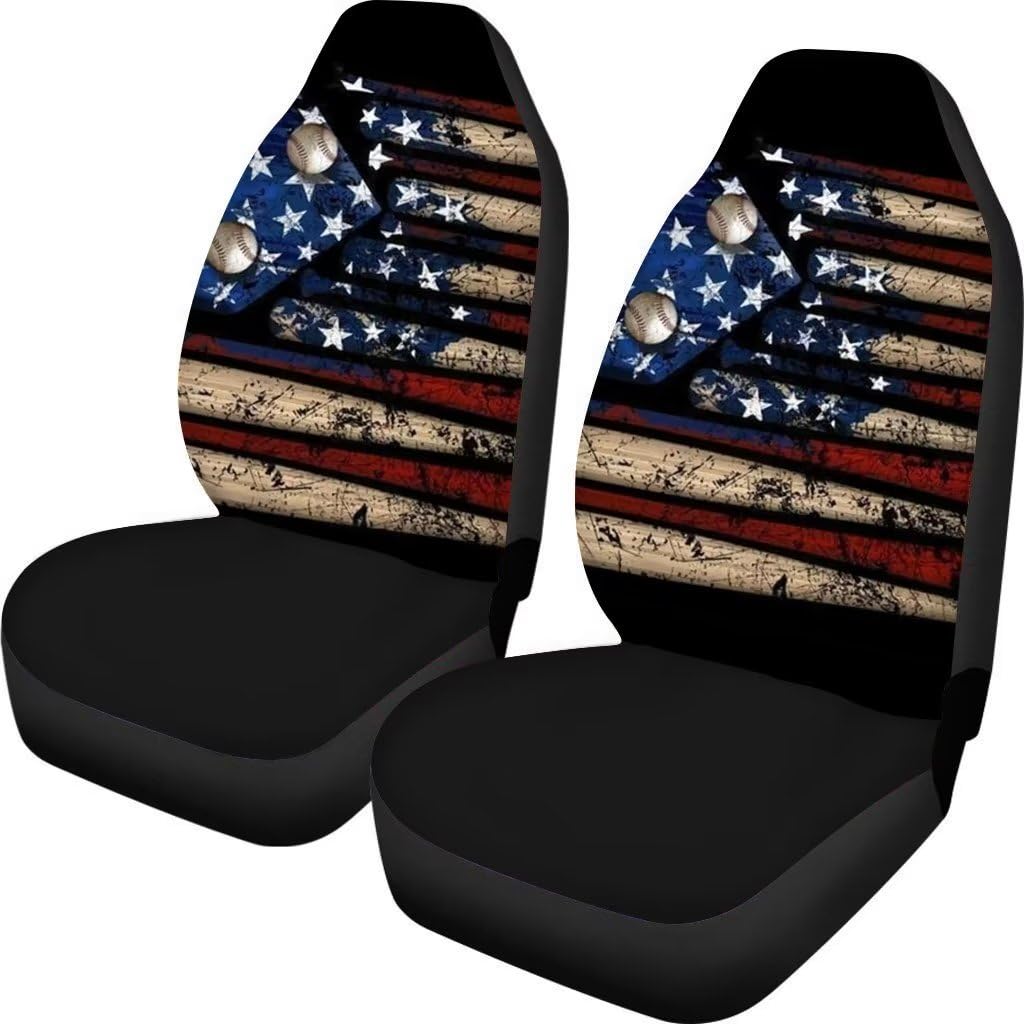 American Flag Baseball Patriotic Car Seat Covers - 2-Piece Front Seat Protector Set for Trucks & SUVs | Perfect for 4th of July, Memorial Day & Game Day Decorations